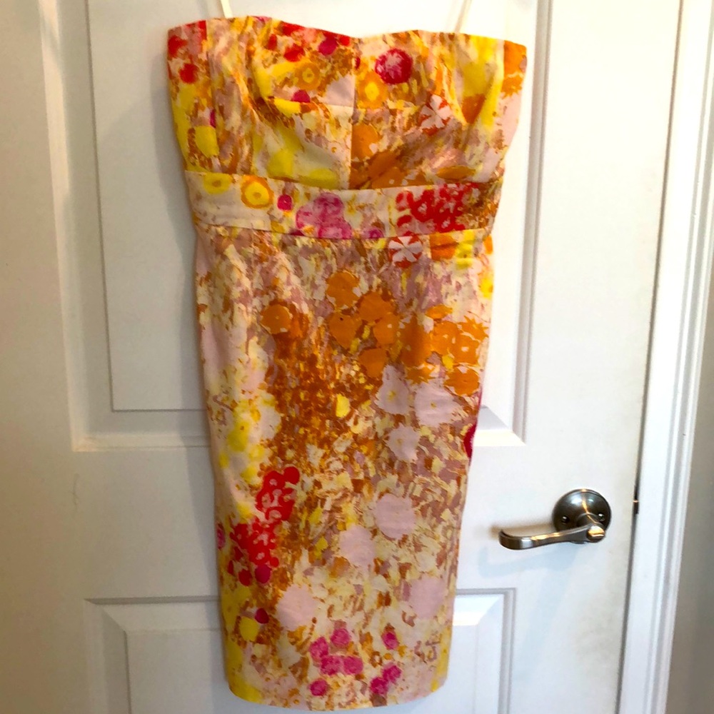 Size 0 jcrew gold, pink, orange yellow print strapless dress